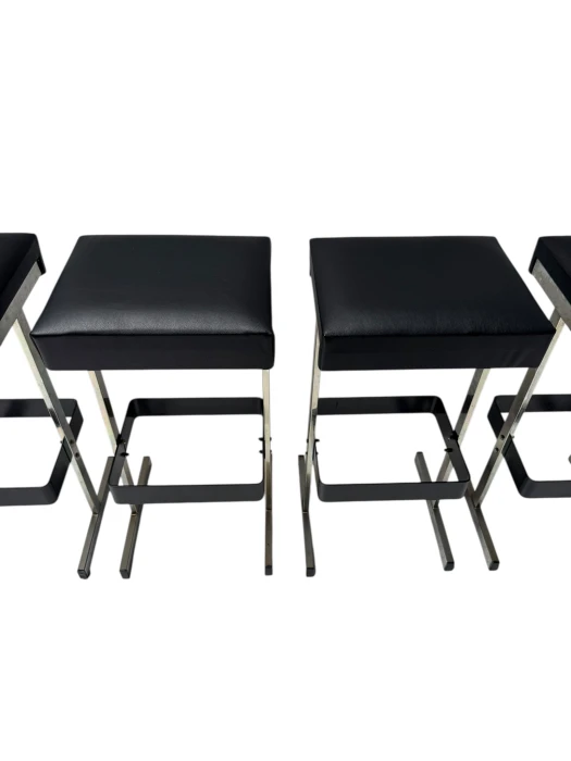 Four Mid-Century Modern Bar Stools with Black Leather Seats, 1970s